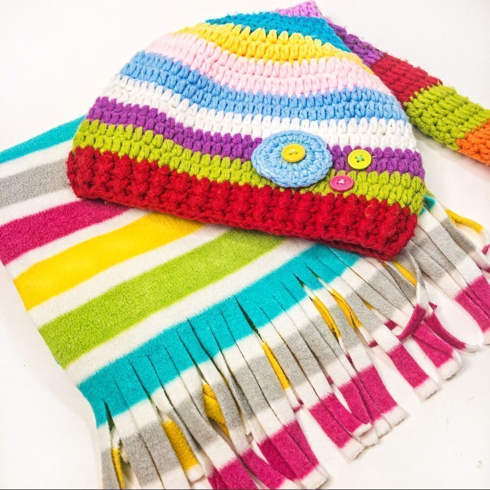 Rainbow Striped Set: Hand Knit Beanie & Old Navy Fleece Scarf - Picture 10 of 11